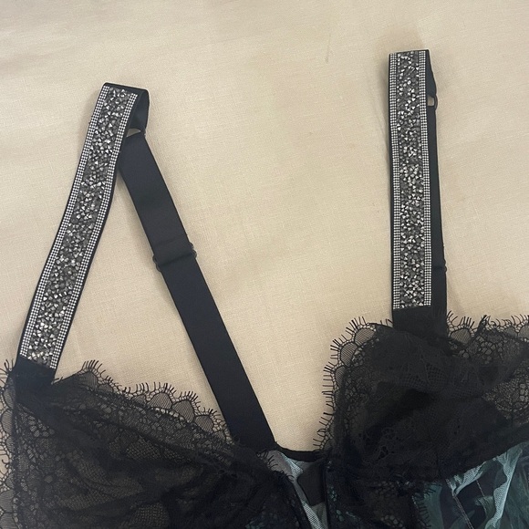 Victoria's Secret Black Lace teddy Bodysuit shine rhinestone straps - Picture 5 of 8